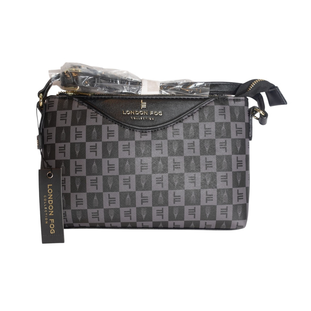 London Fog Addison Tower Signature Print Black Crossbody Bag NWT